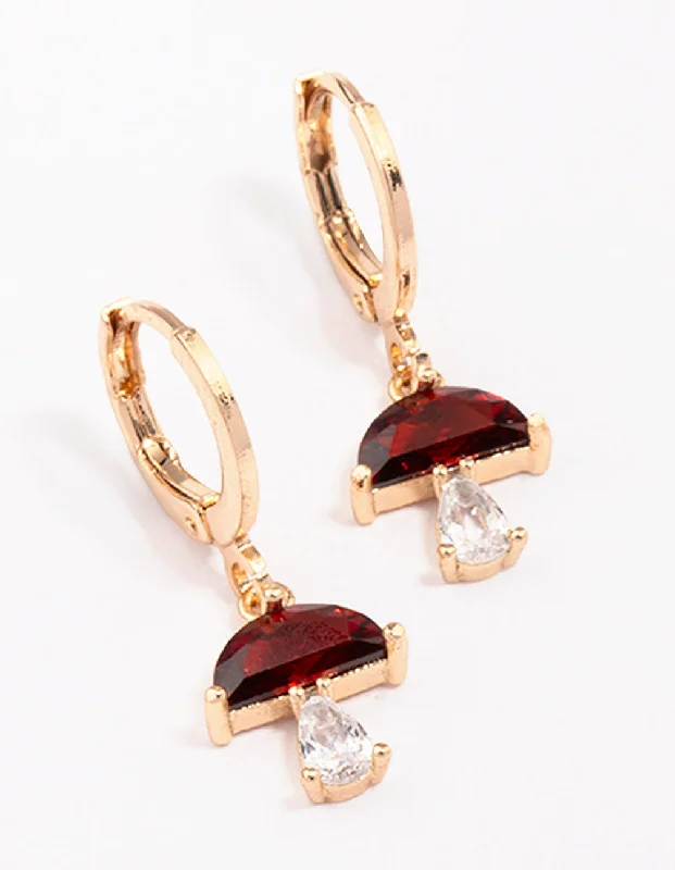 Light drop earrings-Gold Ruby Mushroom Drop Huggie Hoop Earrings