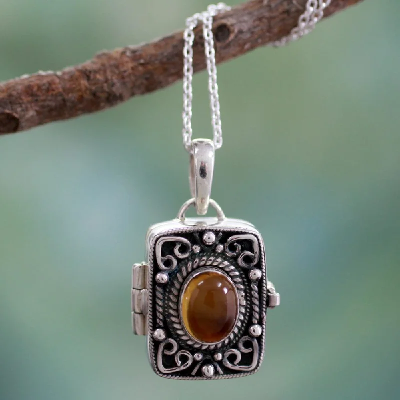 Cedar wood necklaces-Handcrafted Sterling Silver 'Secret Prayer' Citrine Locket Necklace (India) - 7'6" x 9'6"