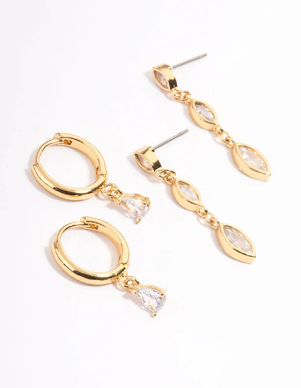 Tiered drop earrings-Gold Plated Teardrop Cubic Zirconia Stud Earrings Pack