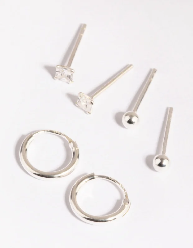 Trekker braid earrings-Sterling Silver Diamante Stud & Hoop Earring Pack