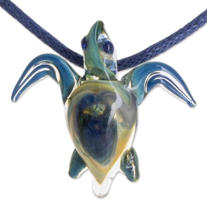 Quartz healing necklaces-NOVICA In the Lagoon, Art glass pendant necklace