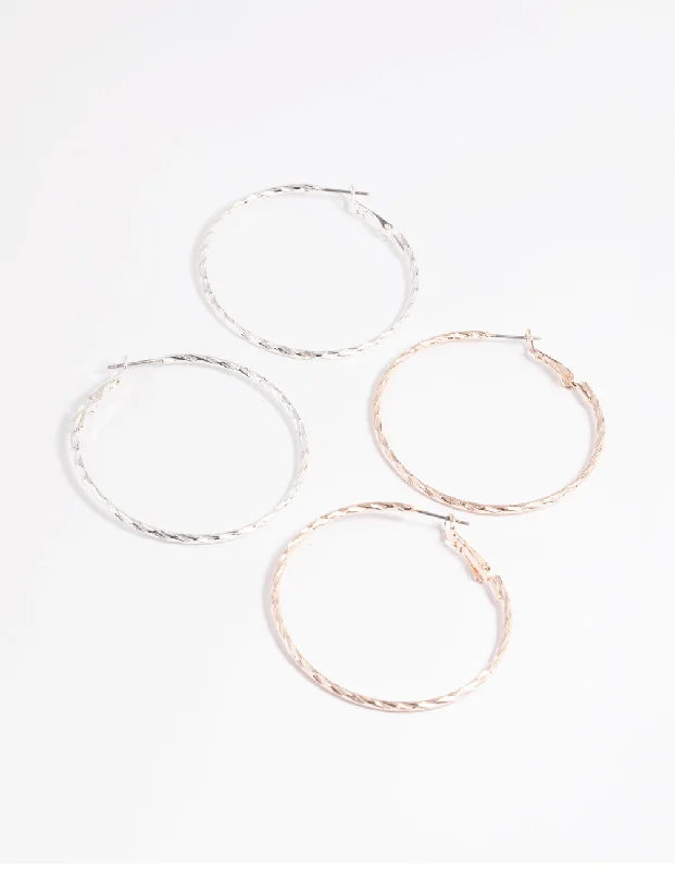 Cotton cord earrings-Mixed Metal Textured Hoop Earring Set