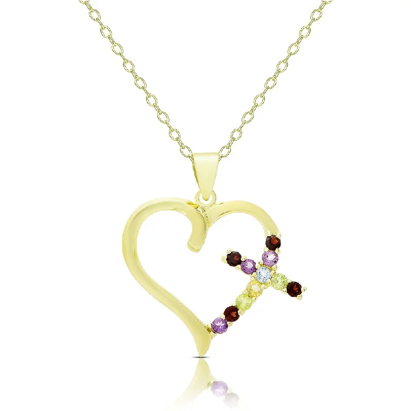 Pure crystal necklaces-Dolce Giavonna Gold Over Sterling Silver Multi Gemstone Heart and Cross Necklace