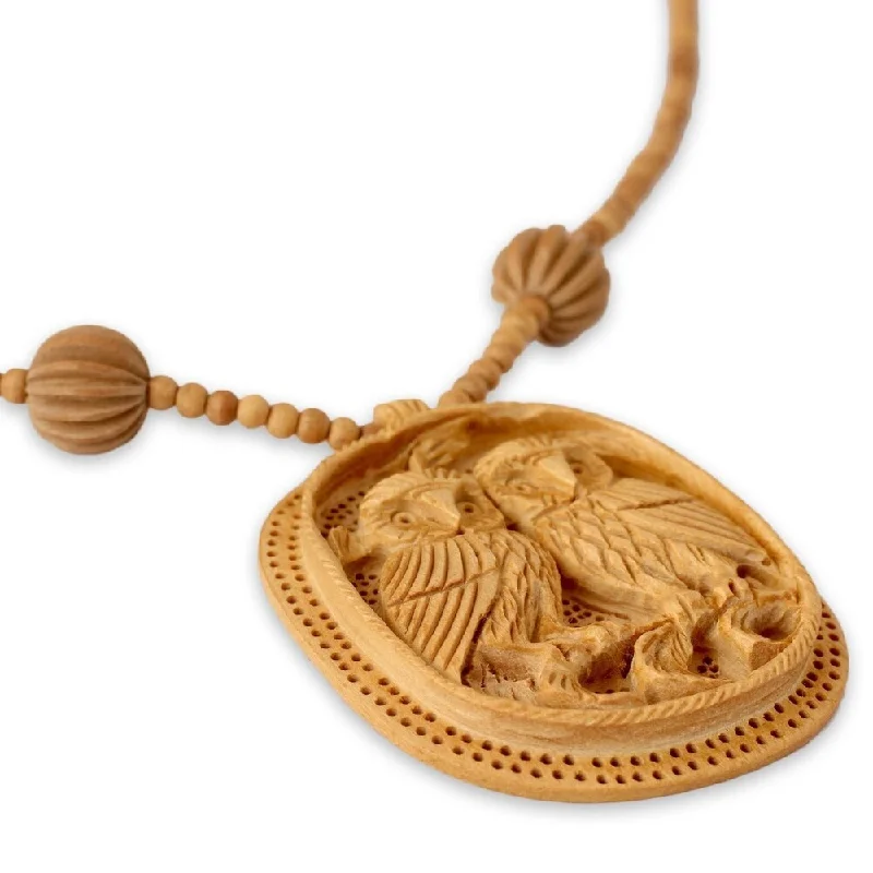 Oval shape necklaces-NOVICA Handmade Owl Romance Carving Necklace (India) - 5.2 cm L x 4.5 cm W x 0.5 cm D