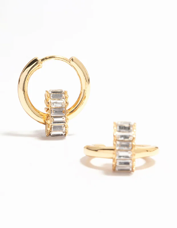 Layered drop earrings-Gold Plated Baguette Cut Diamante Ring Huggie Earrings