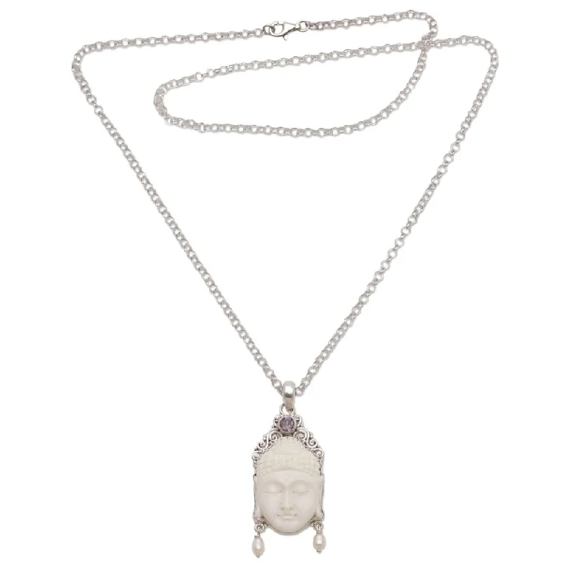 Vivid gem necklaces-Handmade Amethyst and Cultured Pearl Pendant Necklace, 'Blessed Buddha' (Indonesia) - 7'6" x 9'6"