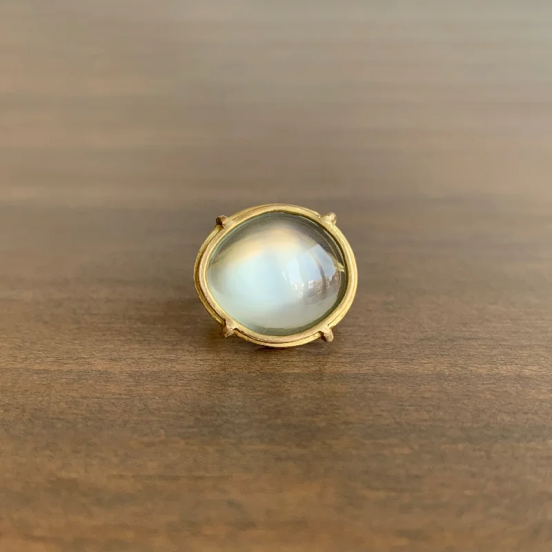 Asymmetrical Sage Moonstone Cabochon Cage Set Ring