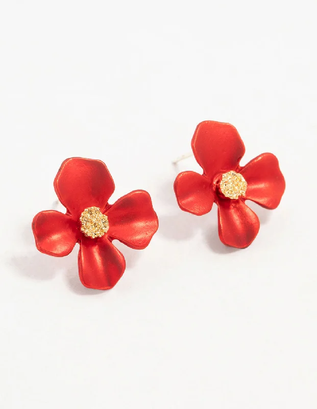 Petal hoop earrings-Gold Red Pearlised Flower Stud Earrings