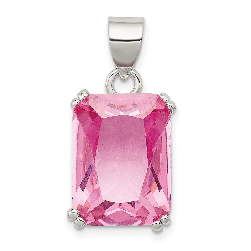 Linen cord necklaces-Curata 925 Sterling Silver Polished Open back Cut out sides Rectangle Pink CZ Cubic Zirconia Simulated Diamond Pendant Necklace