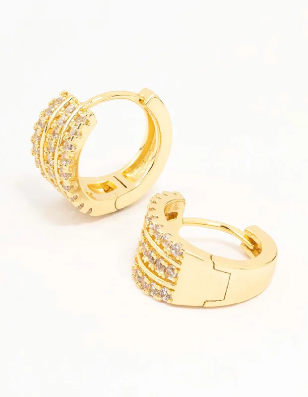 Square stud earrings-Gold Plated Triple Pave Hoop Earrings