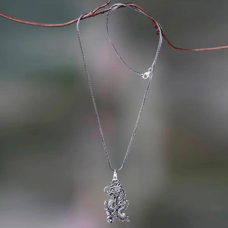 Tide shape necklaces-Handmade Men's Sterling Silver 'Dragon's Ball' Amethyst Necklace (Indonesia)