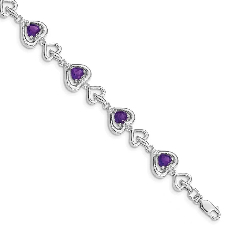 Surf bead bangles-Curata 925 Sterling Silver Polished Lobster Claw Closure Diamond and Love Heart Link Amethyst Bracelet