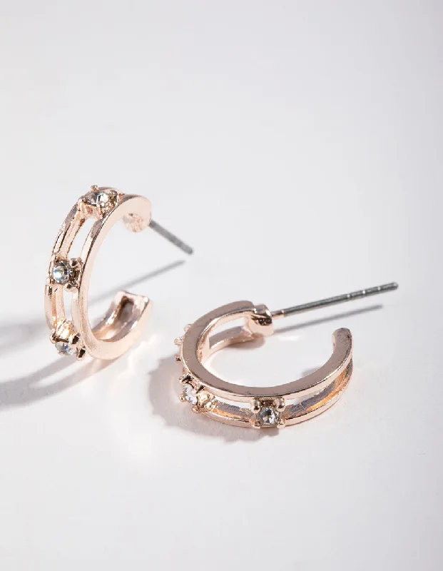 Retro clip earrings-Rose Gold Diamante Ladder Huggie Earrings