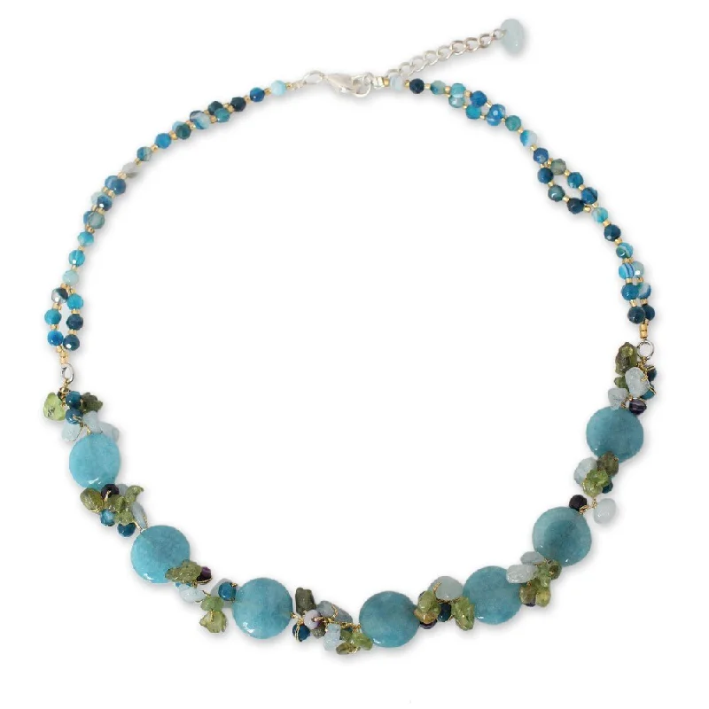 Secure clasp necklaces-Handmade Multi-gemstone 'Light Blue Peonies' Necklace (Thailand) - 17.75" L x 0.6" W