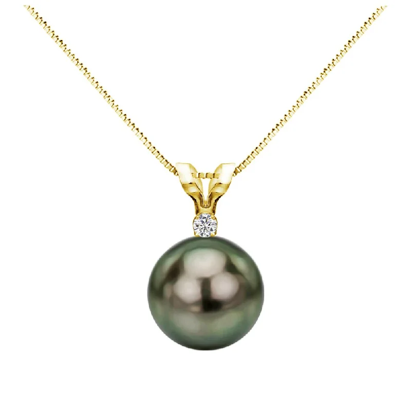 Lily flower necklaces-DaVonna 14k Yellow Gold 1/20 Diamond AAA 8-8.5 mm Round Black Tahitian South Sea Pearl Pendant Necklace, 18-inch