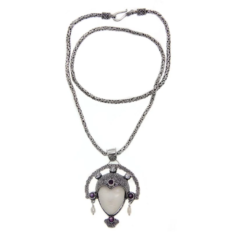 Layered link necklaces-NOVICA Queen of Java, Cow bone and amethyst pendant necklace