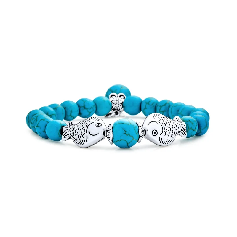 Bamboo weave bangles-Nautical Blue Turquoise Pisces Charm Stretch Bracelet with Silver Plated Beads - Blue Turquoise