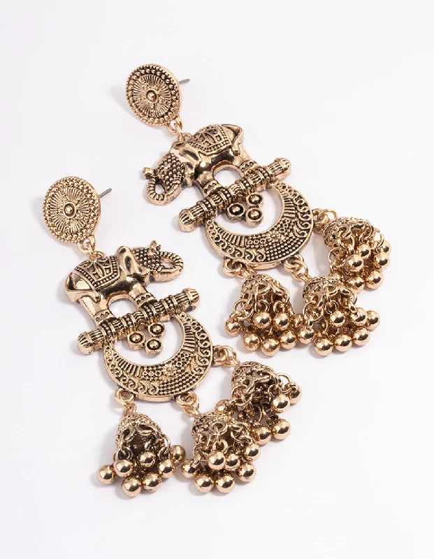 Tiny heart earrings-Long Antique Gold Elephant Jhumka Earrings