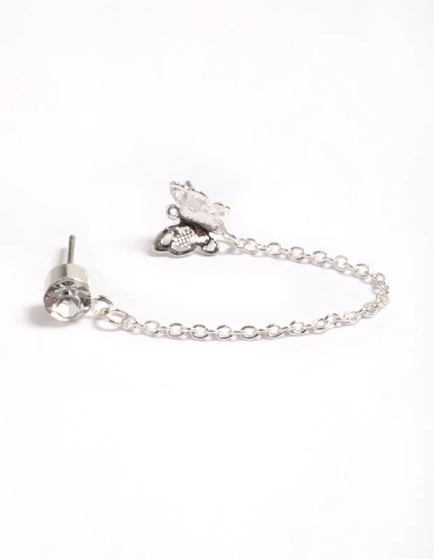 Surf theme earrings-Silver Diamante & Butterfly Chain Earrings