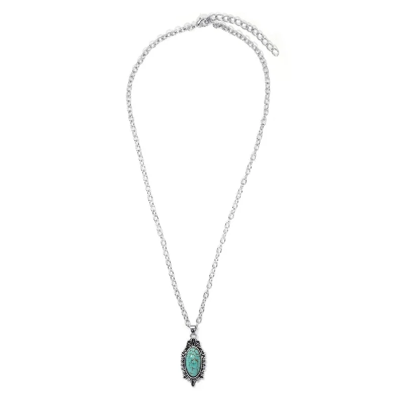 Bold cross necklaces-Silver Plated Simulated Turquoise Oval Drop Pendant Necklace