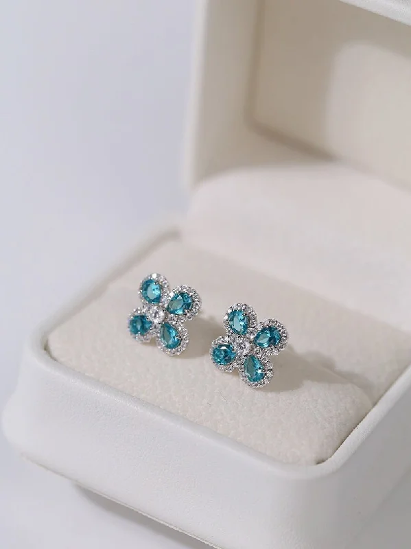 Bamboo style earrings-925 Sterling Silver Sky Blue Four-Leaf Stud Earrings