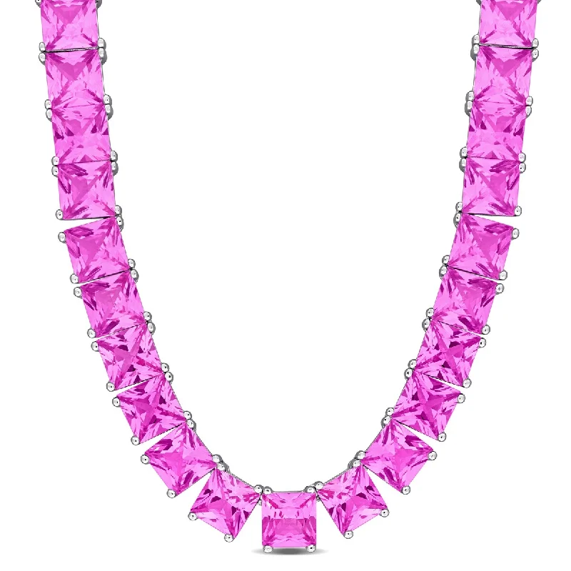 Dainty charm necklaces-Miadora 90ct TGW Created Pink Sapphire Tennis Necklace in Sterling Silver