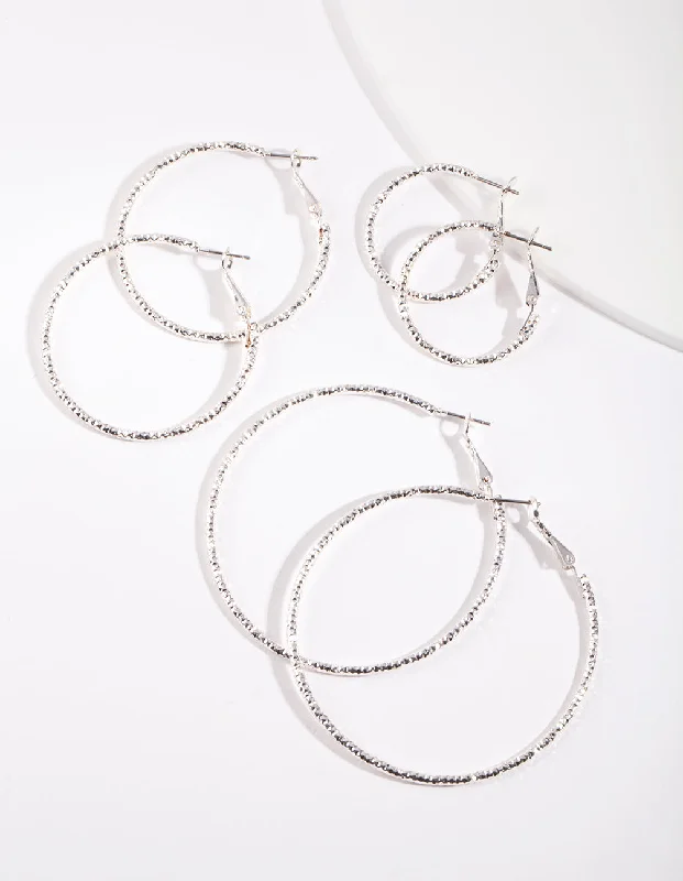 Shiny pearl earrings-Silver Textured Hoop Earring Pack