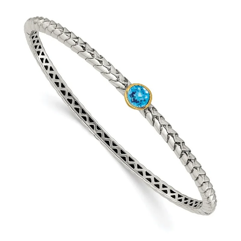 Secure clasp bangles-Curata 925 Sterling Silver Hinged With 14k 6mm Blue Topaz Cuff Stackable Bangle Bracelet