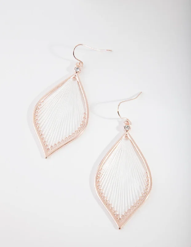 Silk fringe earrings-Rose Gold White String Earrings