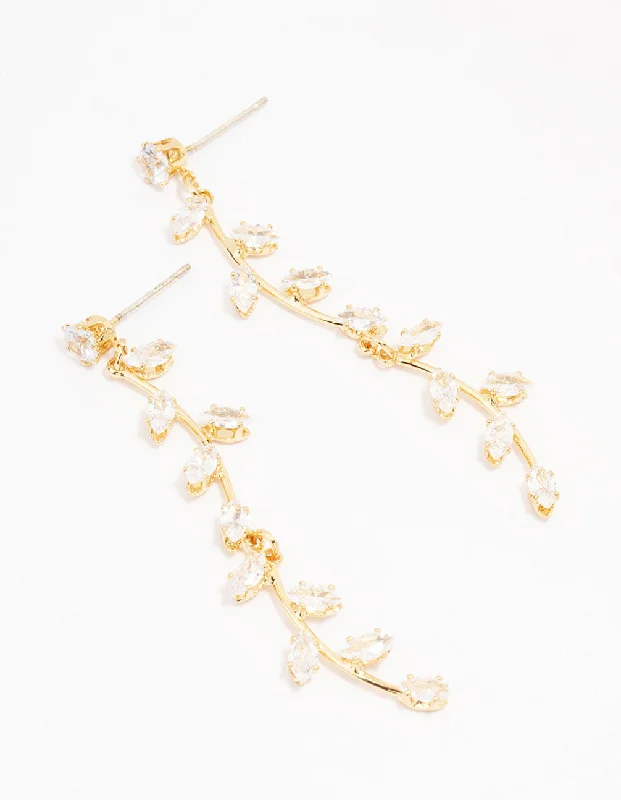 Subtle dangle earrings-Gold Plated Long Winding Cubic Zirconia Drop Earrings