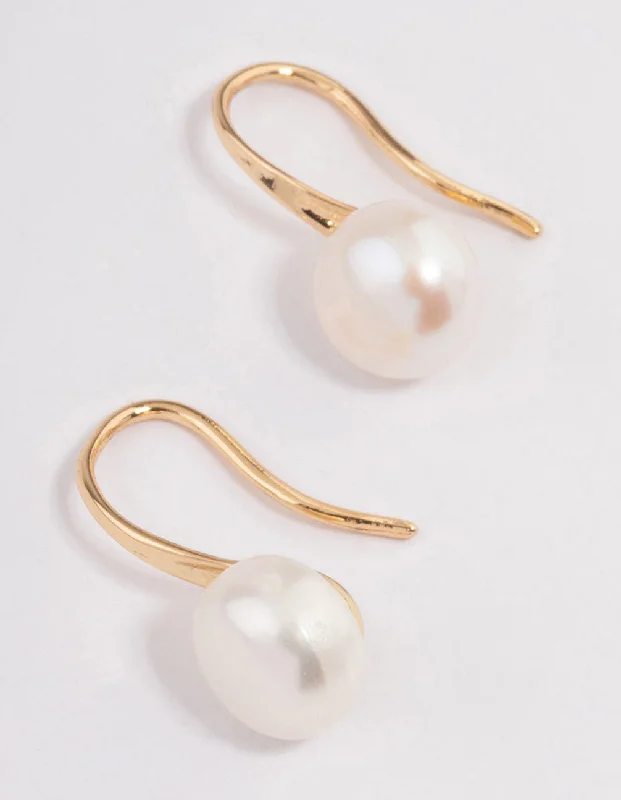 Alloy metal earrings-Gold Plated Freshwater Pearl Small Hook Drop Earrings