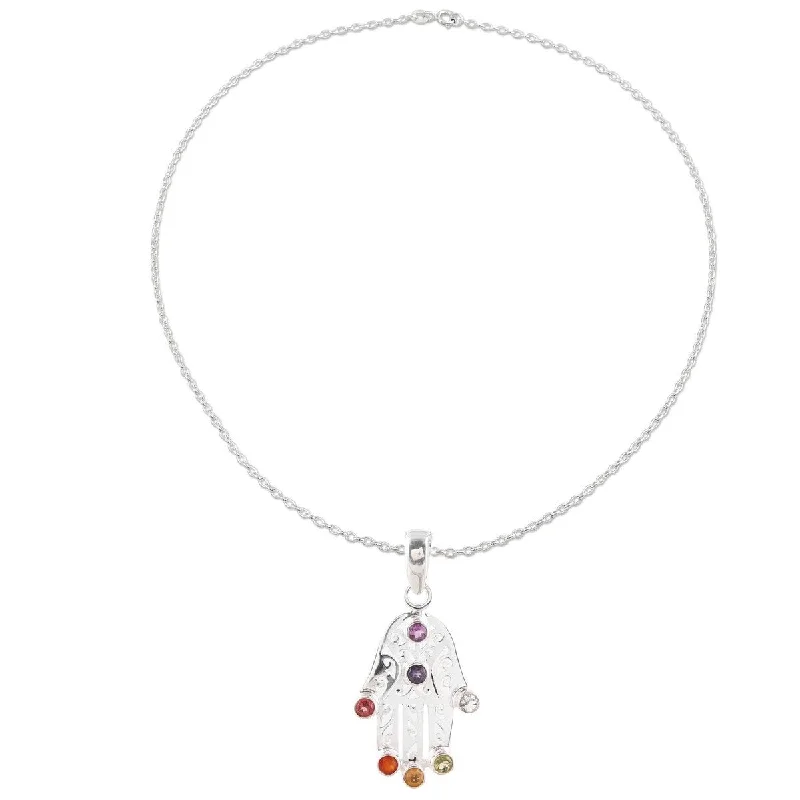 Playful bead necklaces-NOVICA Hamsa Chakra, Multi-gemstone pendant necklace