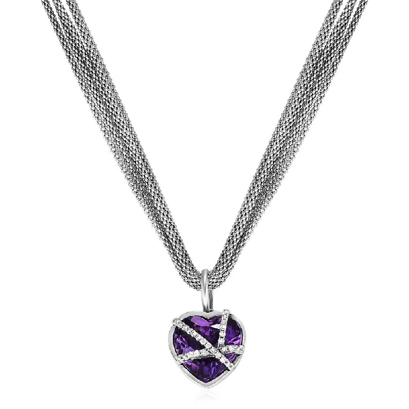 Retro deco necklaces-Woven Necklace with Amethyst Heart Pendant and Diamonds in Sterling Silver