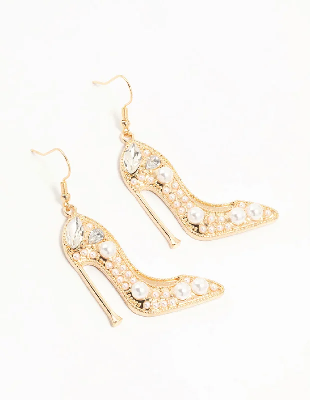 Trekker feather earrings-Gold Pearl Heels Drop Earrings