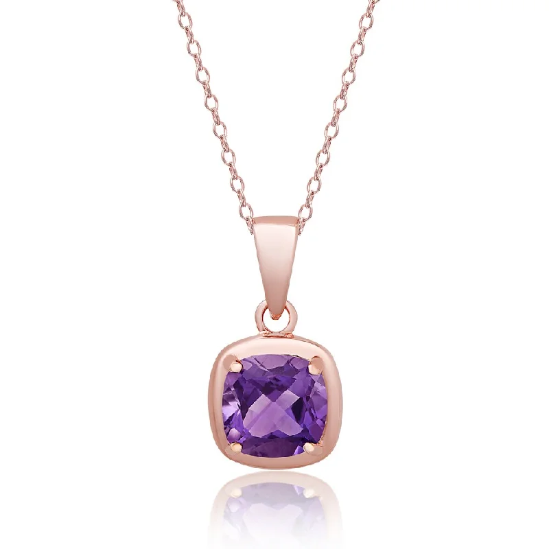 Multi-layer necklaces-Dolce Giavonna Rose Gold over Sterling Silver Cushion-cut Amethyst Necklace