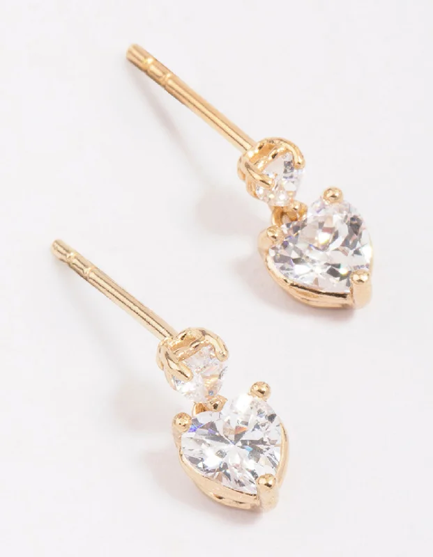 Aged bronze earrings-Gold Plated Sterling Silver Heart Cubic Zirconia Stud Earrings