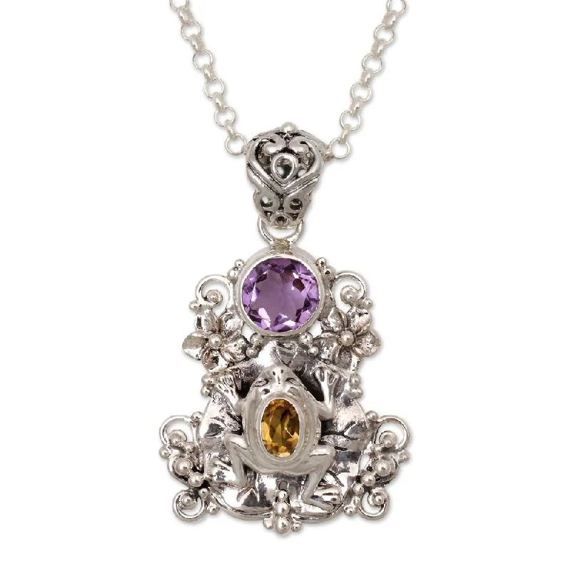 Emerald drop necklaces-Handmade Amethyst and Citrine Pendant Necklace, 'Rainforest Frog' (Indonesia)