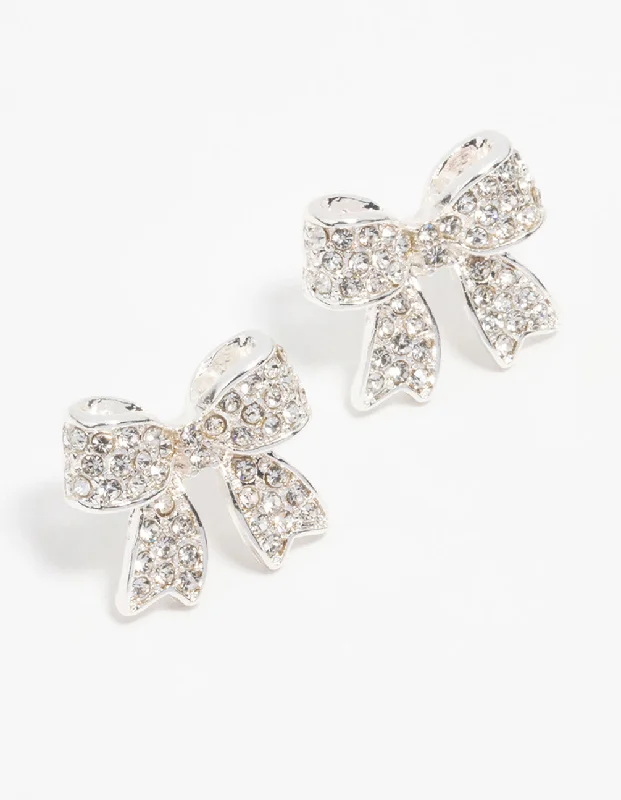 Rough texture earrings-Silver Pavé Diamante Bow Stud Earrings