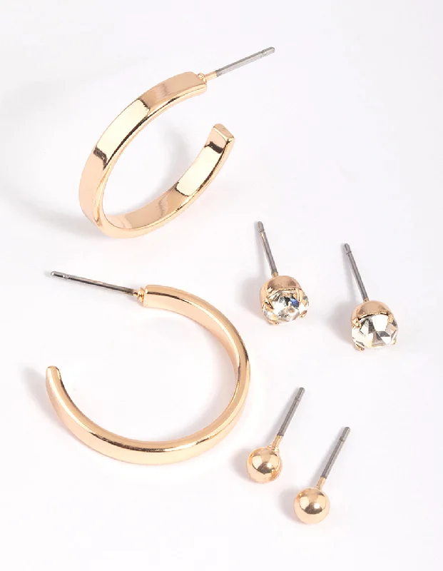 Tiny dot earrings-Gold Plain Stud & Hoop Earring Pack