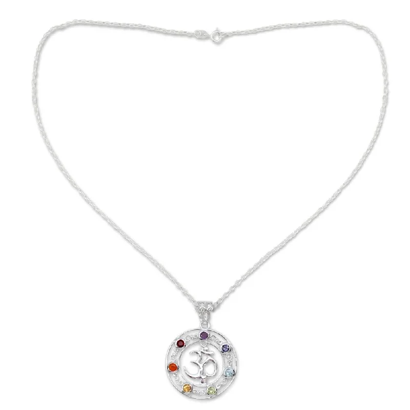 Slanted design necklaces-Handmade Sterling Silver 'Om Magnificence' Multi-gemstone Necklace (India)