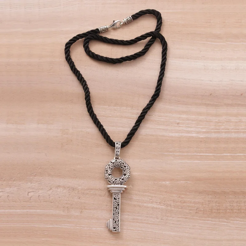 Neat-line necklaces-Sterling Silver Pendant Necklace, 'Key To Success' (Indonesia) - 7'6" x 9'6"