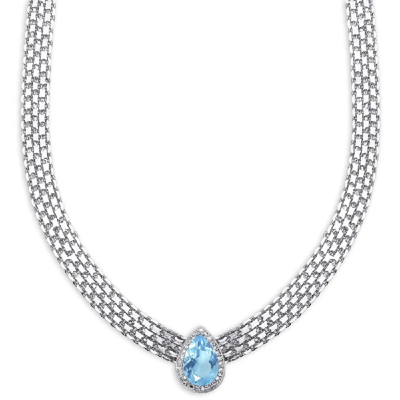 Trio birthstone necklaces-Dolce Giavonna Silver Overlay Pear-cut Blue Topaz and Diamond Accent Byzantine Necklace