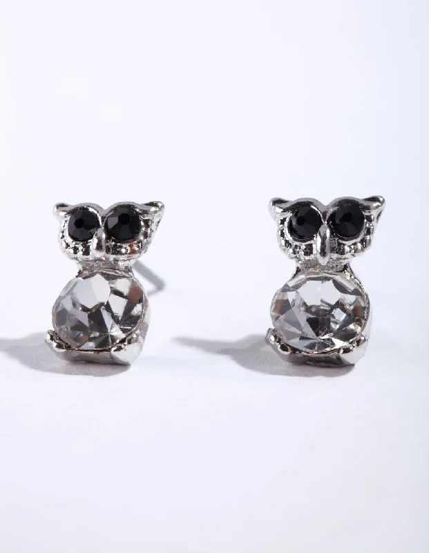 Solid ring earrings-Silver Diamante Owl Stud Earrings