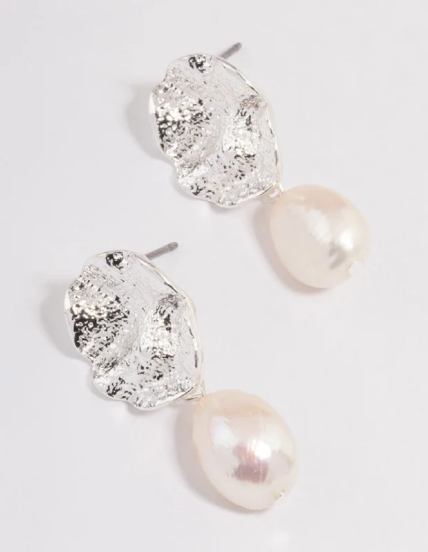 Silk fringe earrings-Silver Plated Crater Freshwater Pearl Drop Earrings