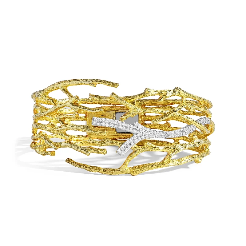 Flat knot bangles-Enchanted Forest Cuff Bracelet with Diamonds - Gold