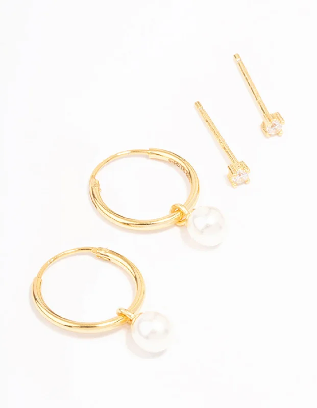 Stellar glow earrings-Gold Plated Sterling Silver Cubic Zirconia & Pearl Huggie Earring Pack