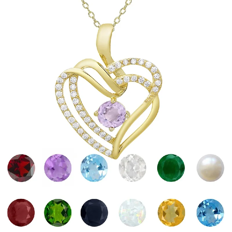 Polished bead necklaces-Dolce Giavonna Gold over Sterling Silver Gemstone and Cubic Zirconia Heart Birthstone Necklace