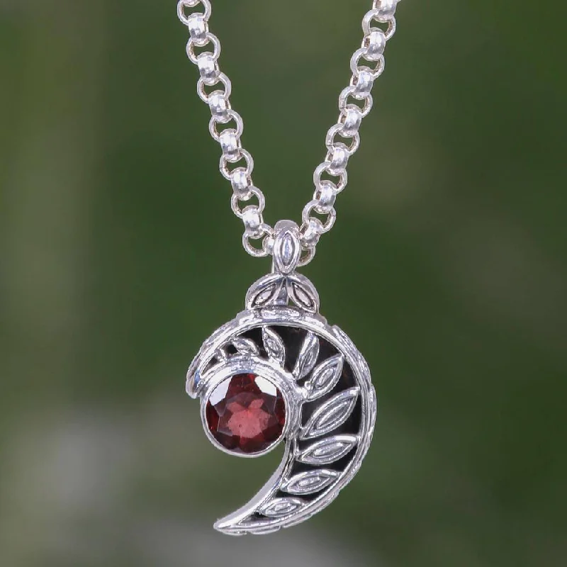 Lily flower necklaces-Handmade Sterling Silver 'Silver Fern Embrace' Garnet Necklace (Indonesia)