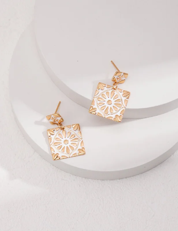 Polished gold earrings-Square Drop Earrings with Enamel Glaze