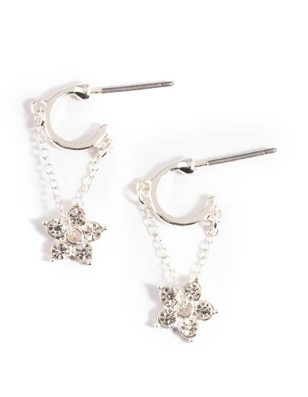 Thin hoop earrings-Silver Diamante Flower Chain Huggie Earrings